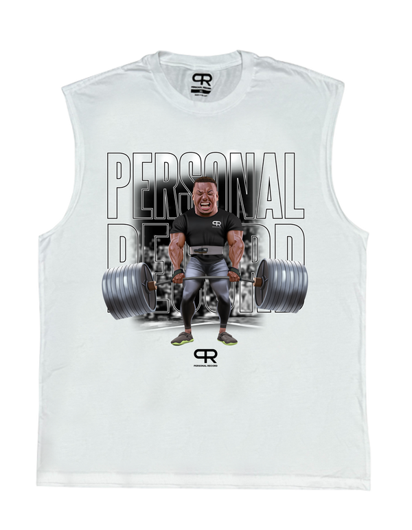 LARRY WHEELS 935LB DEADLIFT PR CHARACTER DRAWING MUSCLE TANK TOP  - WHITE